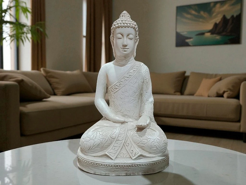 IMAGEN ARTESANAL BUDA MANTO FLOR MEDIANO 40 CM (B51)